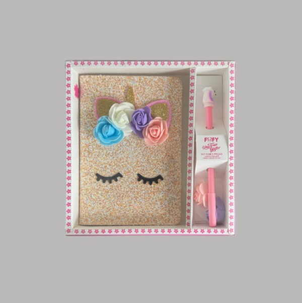 Kit Diário Unicórnio Glitter Com Caneta Rosa FOFY
